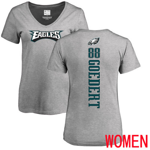 Women Philadelphia Eagles #88 Dallas Goedert Ash Backer V-Neck NFL T Shirt